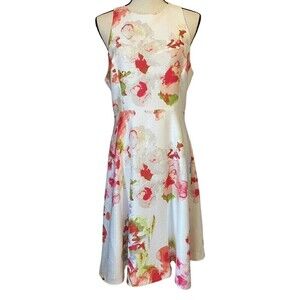 Natori Midi Dress Womens Size 10 Pink White Floral Sleeveless Lined Wate…